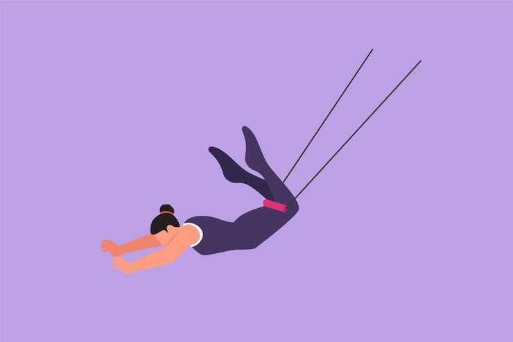 Vector diseño gráfico plano dibujo acróbata femenina actúa en trapecio con las piernas colgando y la cabeza hacia abajo mientras balancea las manos valiente y ágil espectáculo de circo entretenimiento de eventos ilustración de vector de estilo de dibujos animados