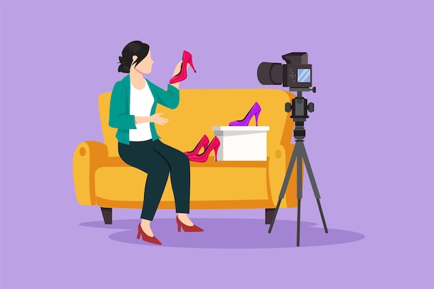 Diseño gráfico plano dibujo elegante belleza blogger mujer está sentada en el sofá revisando tacones zapato en sus manos mientras graba video con cámara digital y trípode Ilustración vectorial de estilo dibujos animados