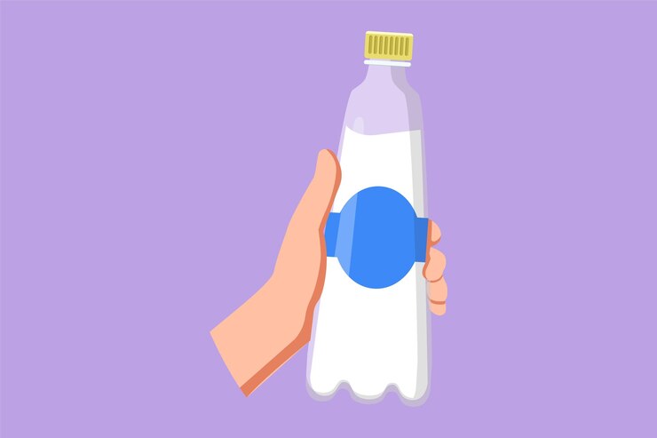 Vector diseño gráfico plano dibujo mano sosteniendo botella de agua en el parque mañana amanecer símbolo icono logotipo mujer joven bebiendo agua después de correr concepto de cuidado de la salud deportivo ilustración vectorial de estilo dibujos animados