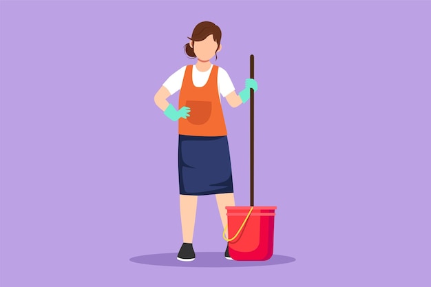 Vector diseño gráfico plano dibujo mujer hermosa con cubos y fregones servicio de limpieza mujer vestida con uniforme con equipo de limpieja personal de limpiezo profesional ilustración vectorial de estilo dibujos animados