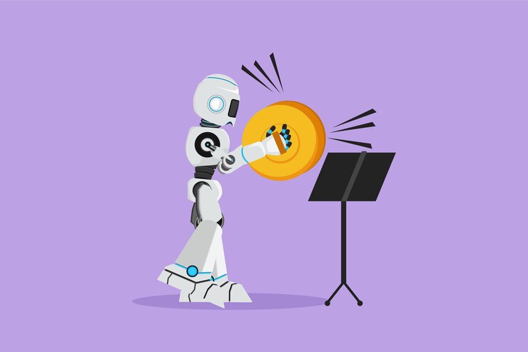 Vector diseño gráfico plano dibujo robot músico tocando platillos percusión instrumento musical desarrollo de tecnología inteligencia artificial procesos de aprendizaje automático estilo de dibujos animados ilustración vectorial