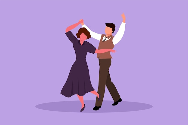 Diseño gráfico plano dibujo romántico hombre y mujer bailarina profesional pareja bailando tango vals baila en la pista de baile concurso Feliz baile masculino y femenino Estilo de dibujos animados ilustración vectorial