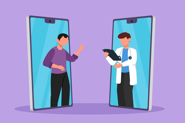 Diseño gráfico plano que dibuja dos teléfonos inteligentes cara a cara que contienen un paciente joven que habla en línea con un médico mientras sostiene el portapapeles Concepto de atención médica digital Ilustración de vector de estilo de dibujos animados