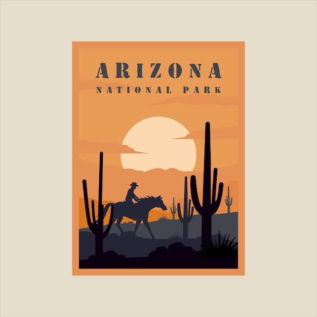 Diseño gráfico de plantilla de ilustración de póster vintage minimalista del parque nacional de arizona vaquero y caballo en el cactus del desierto en la vista del atardecer del paisaje para viajes de negocios