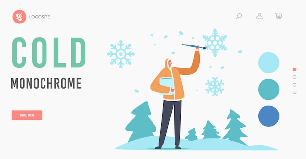Diseño gráfico, plantilla de página de destino del servicio de tipografía. Diseñador Artista Personaje masculino Pintura Copos de nieve Elija tonos fríos de invierno o tonos de muestra de paleta de colores azules. Ilustración vectorial de dibujos animados