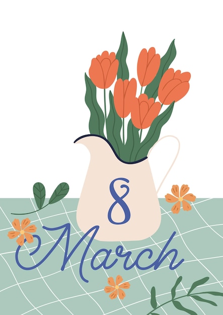 Diseño gráfico de postal para el Día Internacional de la Mujer con inscripción del 8 de marzo y tulipanes rojos en jarrón. Tarjeta de felicitación vertical con ramo de flores. Ilustración de vector plano colorido.