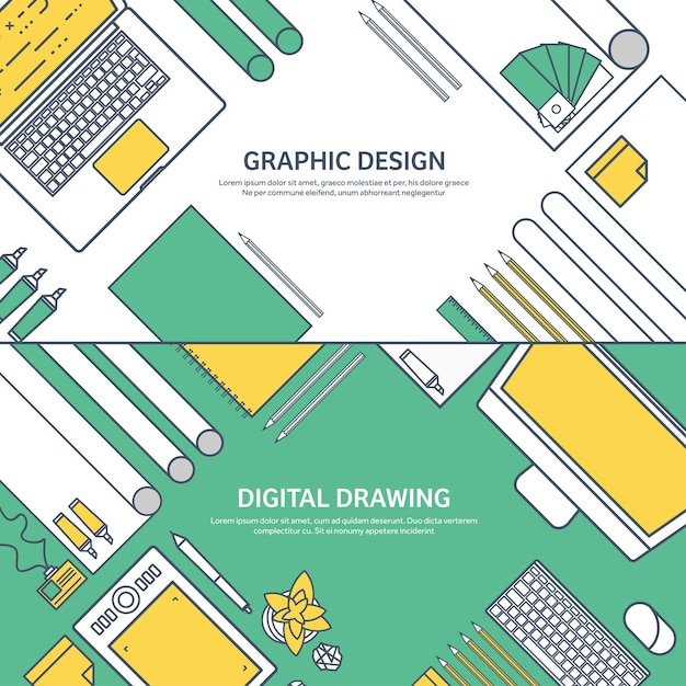 Diseño gráfico de redes planas de ouline alineado, dibujo y pintura, desarrollo, ilustración y boceto