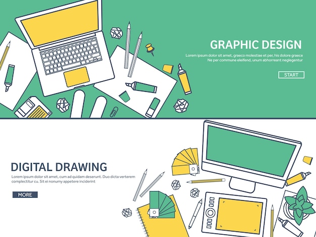 Diseño gráfico de redes planas de ouline alineado, dibujo y pintura, desarrollo, ilustración y boceto