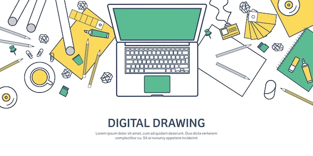 Diseño gráfico de redes planas de ouline alineado, dibujo y pintura, desarrollo, ilustración y boceto