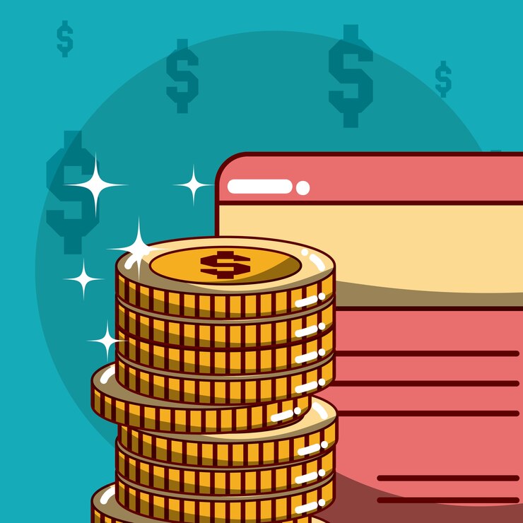 Vector diseño gráfico de la tarjeta y de las monedas de crédito apiladas del ejemplo del vector