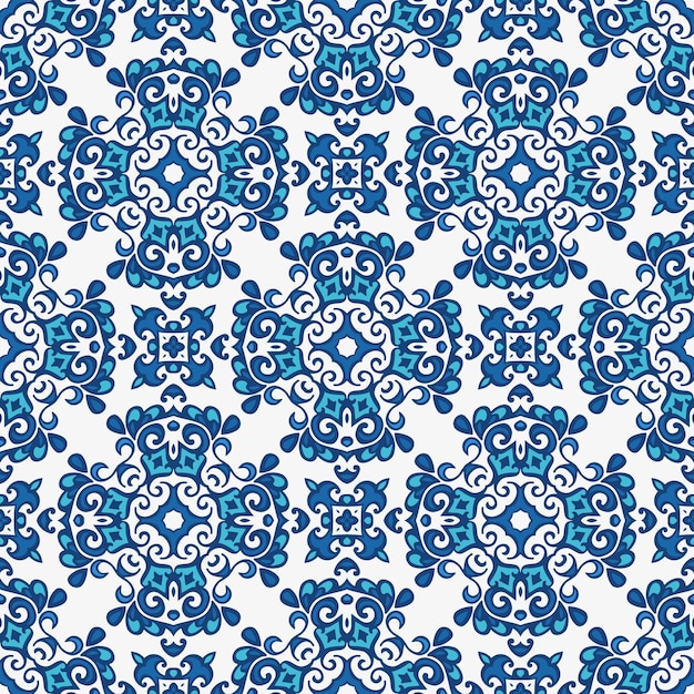 Diseño gráfico vectorial de damasco azul real fondo floral abstracto persa mosaico mediterráneo sin costuras azuejo lujo patrón vectorial sin costuras