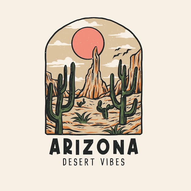 Diseño gráfico de vibraciones del desierto de arizona, estilo de línea dibujada a mano con color digital, ilustración vectorial