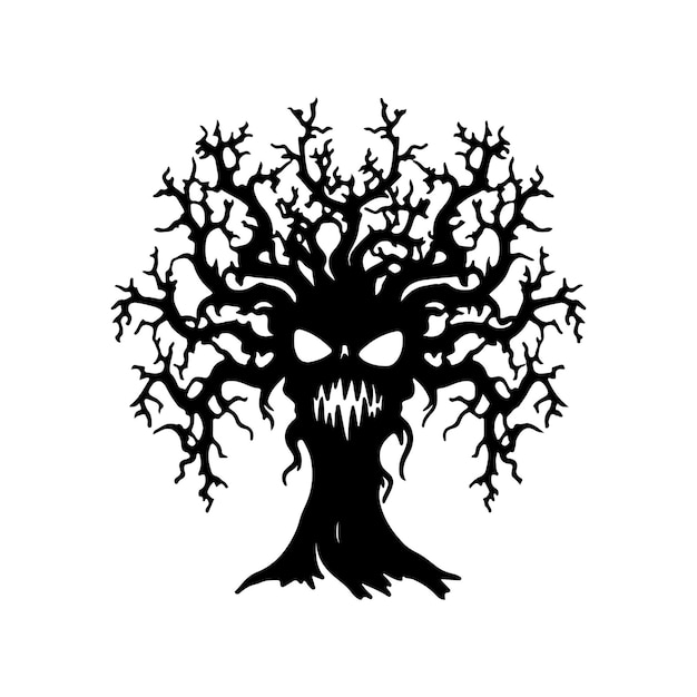 Diseño de halloween de árbol aterrador con estilo silueta y color blanco y negro