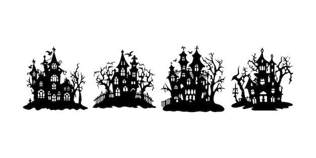 Diseño de halloween de casa aterradora con estilo silueta y color blanco y negro