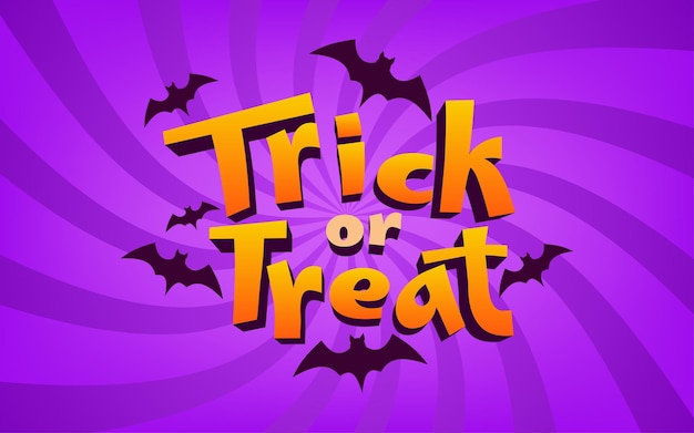 Diseño de Halloween con letras 3D Trick or Treat Fondo púrpura remolino y murciélagos