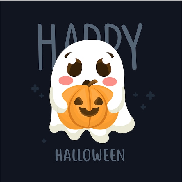 Diseño de halloween de tarjeta postal con calabaza fantasma linda en estilo de dibujos animados