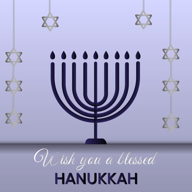 Diseño de Hannukah con vela azul y estrellas de brillo gris.