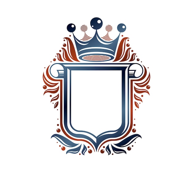 Diseño heráldico en blanco con espacio de copia y cartouche, emblema de escudo de protección vintage vectorial decorado con corona real y extremos enrollados.