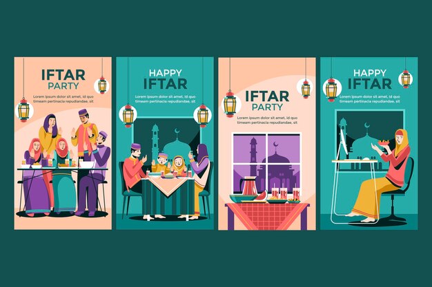 Vector diseño de historias de redes sociales para la familia musulmana de happy iftar