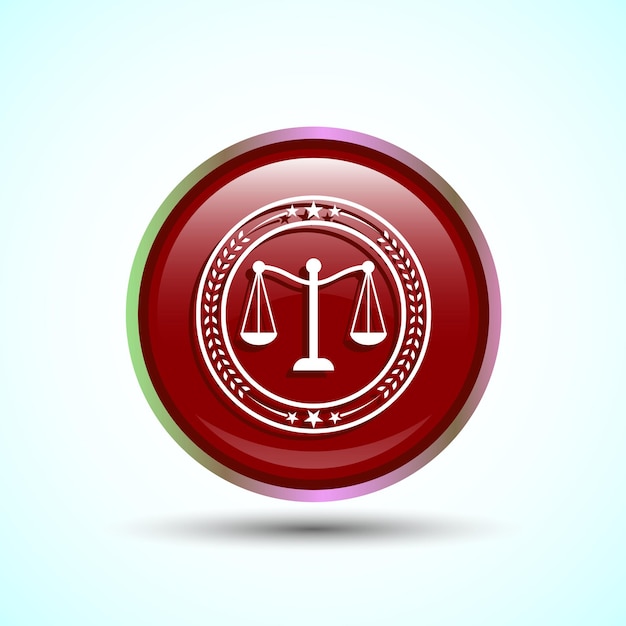 Diseño del icono de la balanza de justicia Ilustración del icono legal y de la ley de justicia para aplicaciones y sitios web Diseño del botón redondo de color rojo