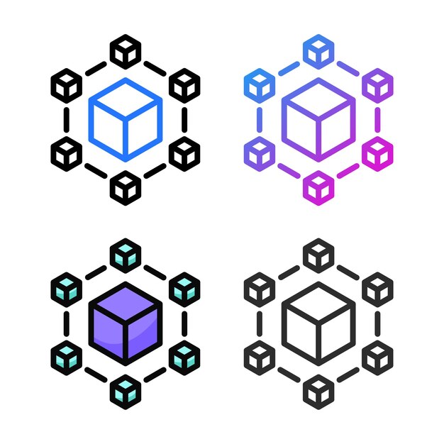 Diseño de icono de cadena de bloques en cuatro colores de variación