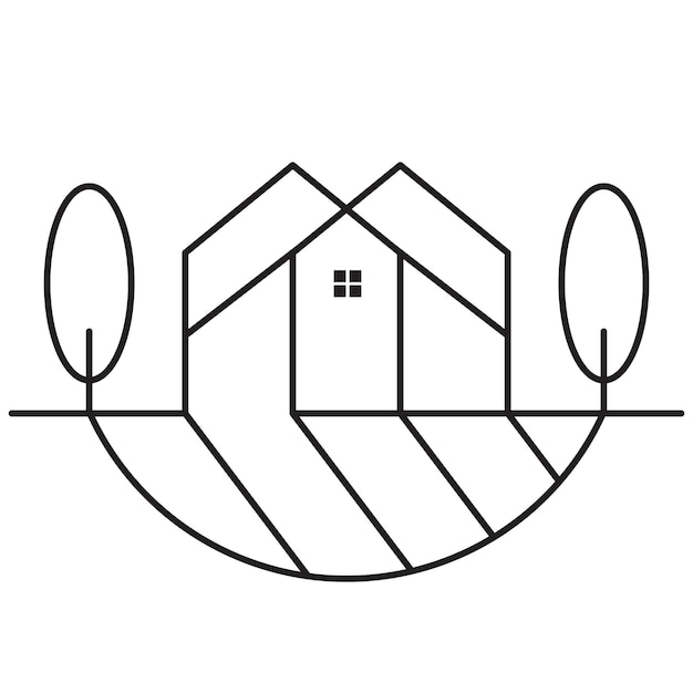 Diseño de icono de casa y árboles dibujados a mano. Icono plano. Icono inmobiliario de lujo.