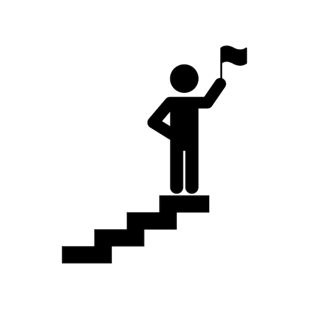 Diseño de icono de hombre de logro Hombre con bandera en la parte superior aislado sobre fondo blanco