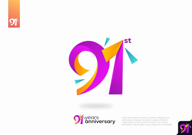 Diseño de icono de logotipo número 91, número de logotipo de cumpleaños 91, aniversario 91