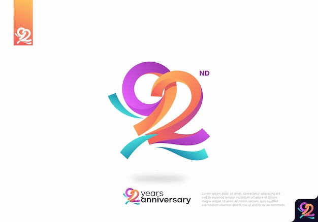 Diseño de icono de logotipo número 92, número de logotipo de cumpleaños 92, aniversario 92
