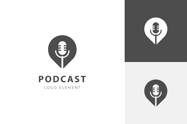 Diseño de icono de logotipo de podcast con ubicación de micrófono y pin o ilustración plana de icono de conversación para medios de música de radio multimedia