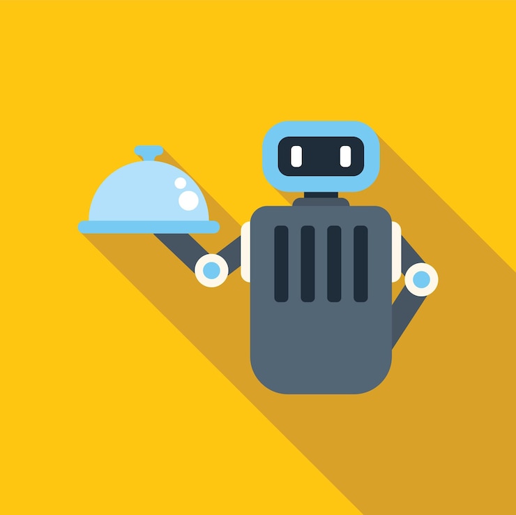 Vector diseño de icono plano del robot que sostiene la bandeja de servicio del restaurante cubierto