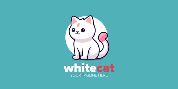 Diseño de ícono versátil lindo logotipo de mascota de gato blanco kawaii para tiendas de mascotas, juguetes, comida y más