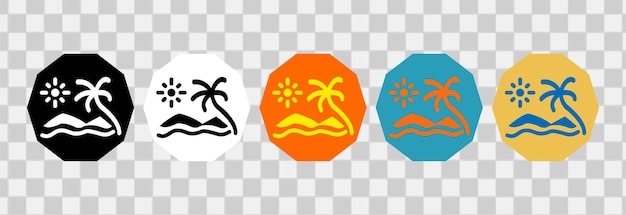 Diseño de iconos de elementos de vista de playa con palmera de isla del sol y mar de olas para símbolo de logotipo o diseño web