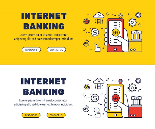 Vector diseño de iconos de línea plana de banca de internet y elementos