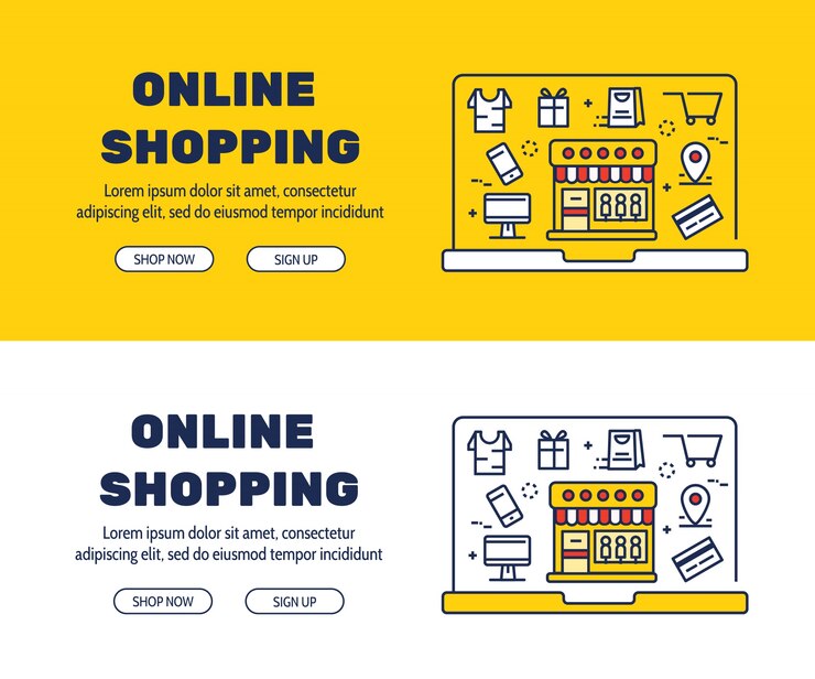Diseño de iconos de línea plana de COMPRAS EN LÍNEA y elementos