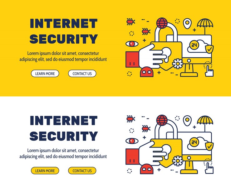 Diseño de iconos de línea plana de SEGURIDAD DE INTERNET y elementos