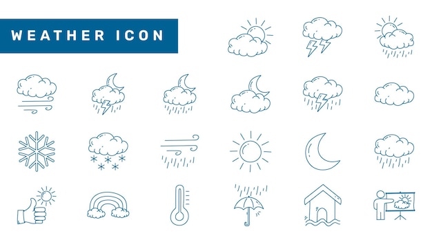 Diseño de iconos de líneas meteorológicas dibujados a mano Conjunto de iconos de garabatos meteorológicos Sol lluvia nieve nube nublada lluviosa