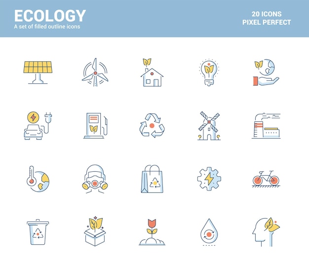 Diseño de iconos llenos de línea planaecología