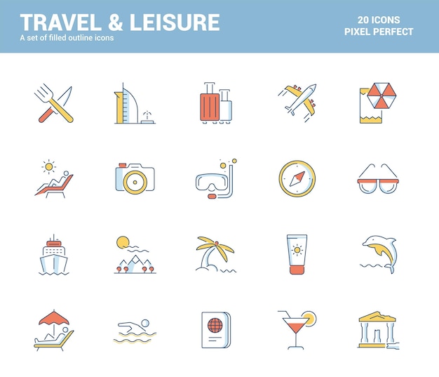 Diseño de iconos llenos de línea planaViajes y ocio