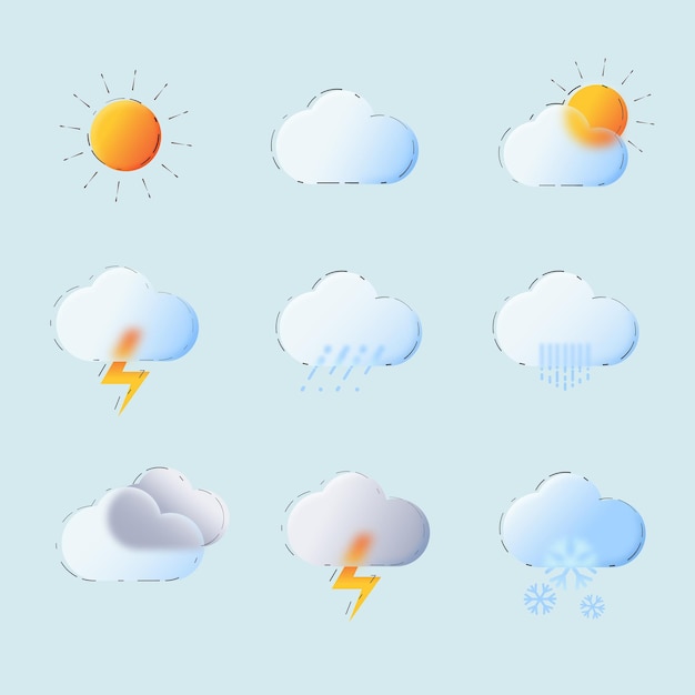 Diseño de iconos meteorológicos de estilo glassmorphism de gradiente vectorial