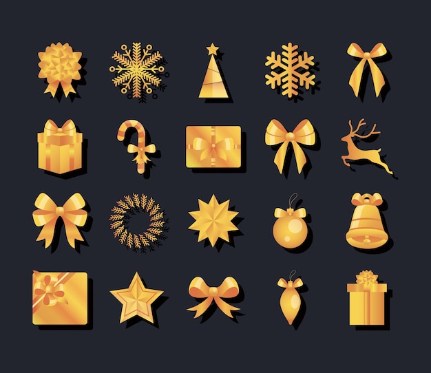 Diseño de iconos de Navidad dorados sobre fondo negro, ilustración vectorial
