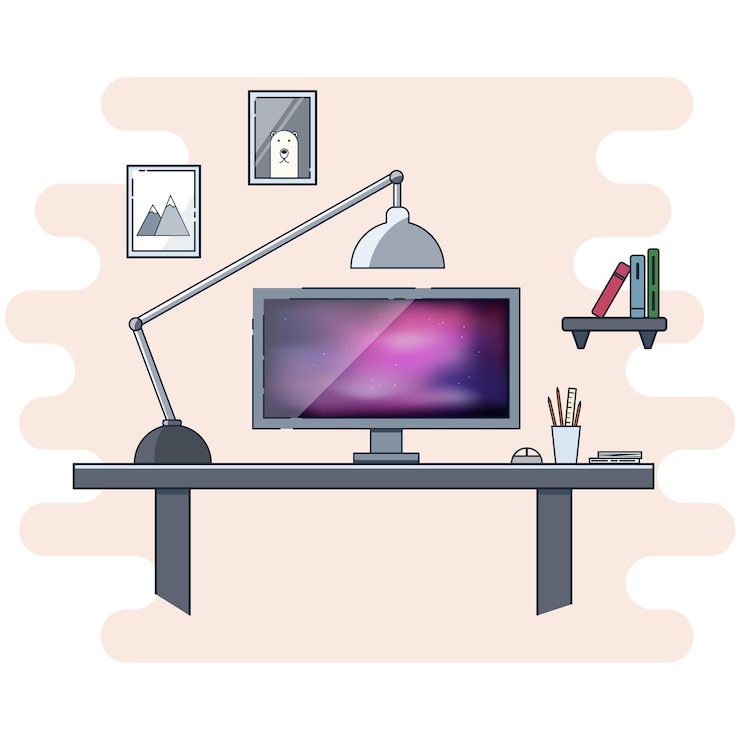 Vector diseño de iconos planos para el concepto moderno de oficina en casa