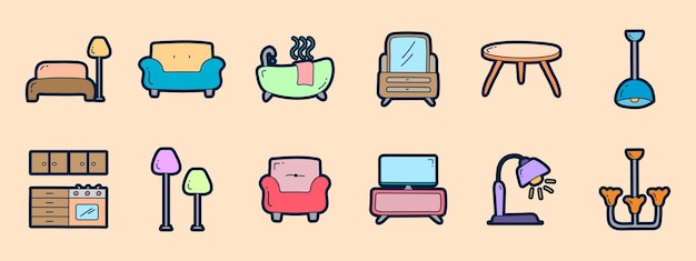 Diseño de iconos planos de muebles dibujados a mano Colecciones de iconos de doodle de muebles