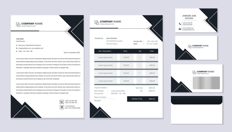 Diseño de identidad corporativa de negocios de papelería clásica con plantilla de membrete, factura y tarjeta de visita.
