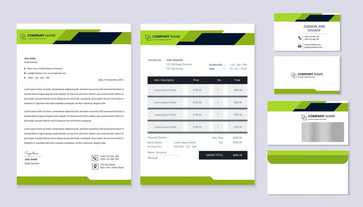 Diseño de identidad corporativa de negocios de papelería clásica con plantilla de membrete, factura y tarjeta de visita.