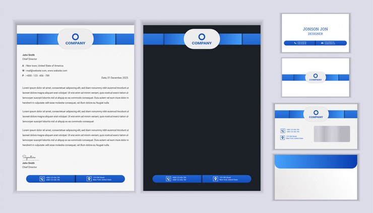 Diseño de identidad corporativa de negocios de papelería clásica con plantilla de membrete, factura y tarjeta de visita.