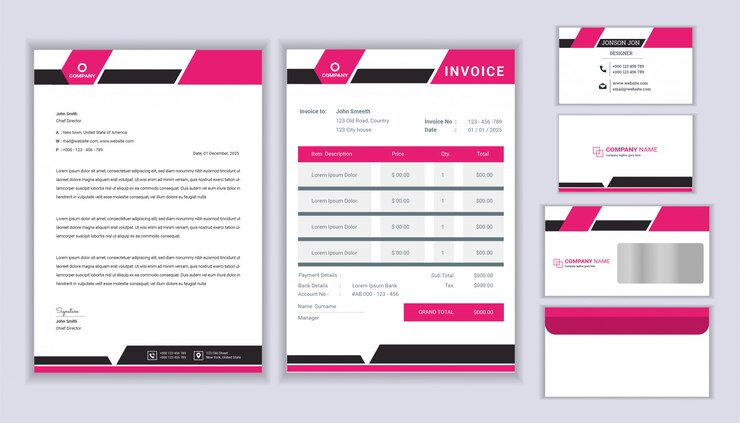 Diseño de identidad corporativa de negocios de papelería clásica con plantilla de membrete, factura y tarjeta de visita.