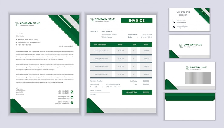 Diseño de identidad corporativa de negocios de papelería clásica con plantilla de membrete, factura y tarjeta de visita.