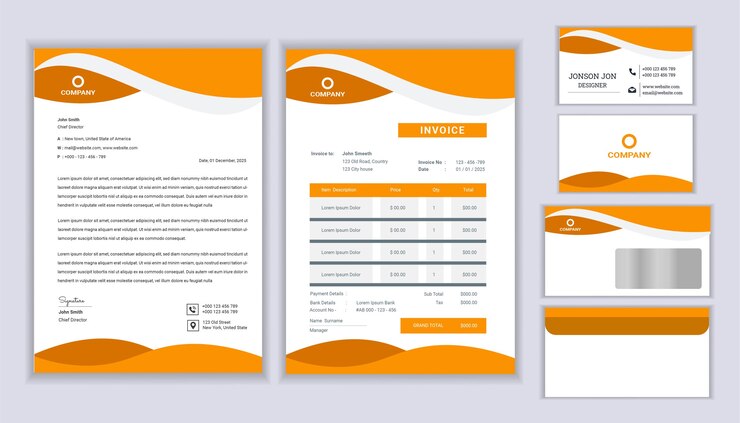 Diseño de identidad corporativa de negocios de papelería clásica con plantilla de membrete, factura y tarjeta de visita.