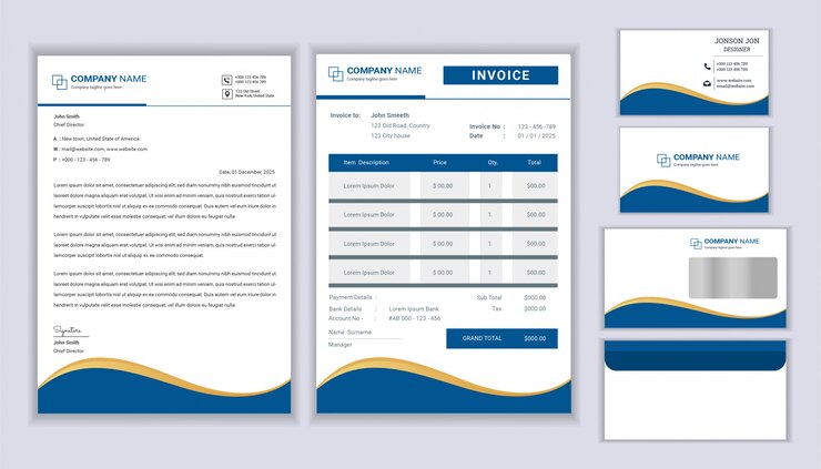 Diseño de identidad corporativa de negocios de papelería clásico con plantilla de membrete, factura y tarjeta de visita.